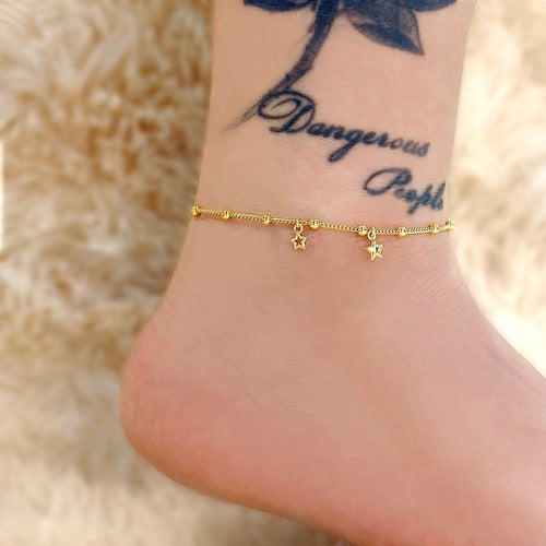 Tornozeleira Bolinhas E Estrelas Dourada Folheada A Ouro 18k