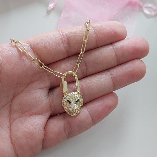 Colar Corrente Leopardo Mosquetão Pedra Zirconia Semi Joia