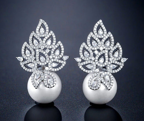 Brinco Noiva Zirconia E Pérola Prata Delicado Luxo