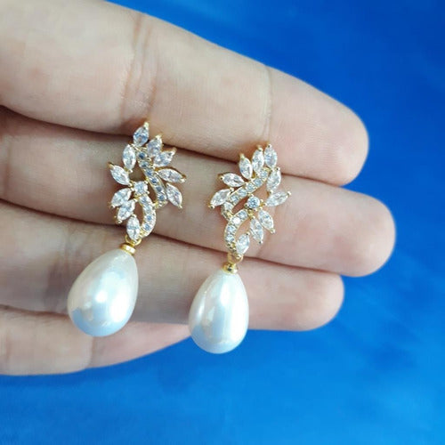 Brinco Pérola E Zirconia Noiva Pequeno Delicado Dourado Gota