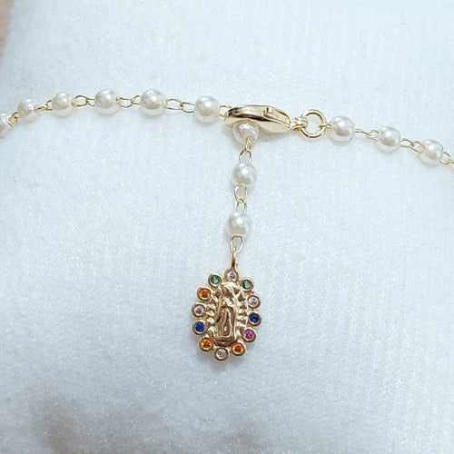 Pulseira Dourada Zircônia E Pérola N. S Das Graças Religioso