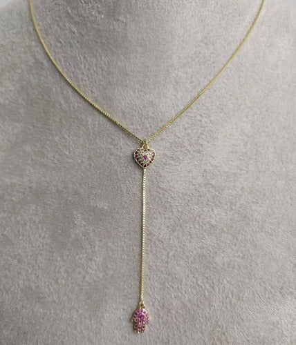 Colar Gravatinha Zirconia Prata Mão De Fátima Rubi Vermelho