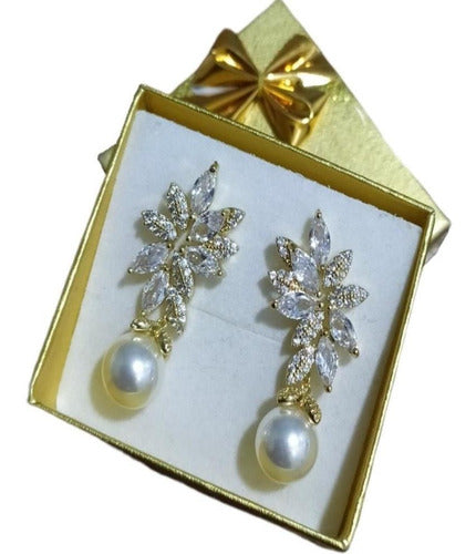 Brinco Noiva Zirconia Perola Pendurado Dourado Rosê Festa