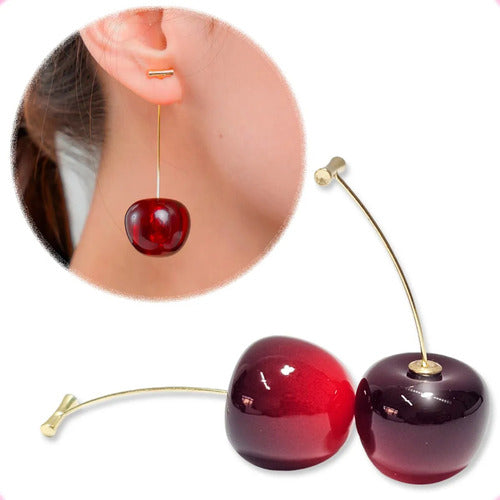 Brinco Cereja Cherry Festa Folheado Ouro Pendurado Vermelho