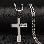 Corrente Masculina Aço Inox Cruz Jesus Preta Prata 60 Cm