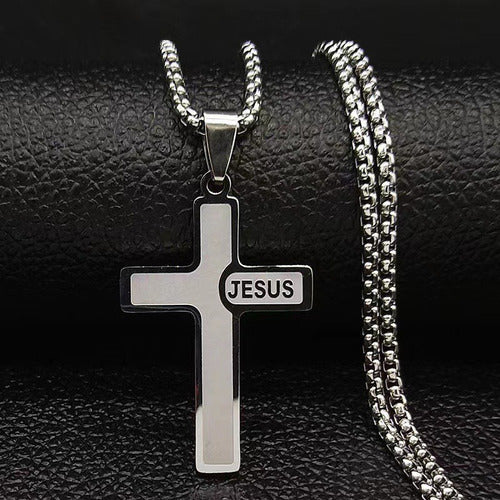 Corrente Masculina Aço Inox Cruz Jesus Preta Prata 60 Cm