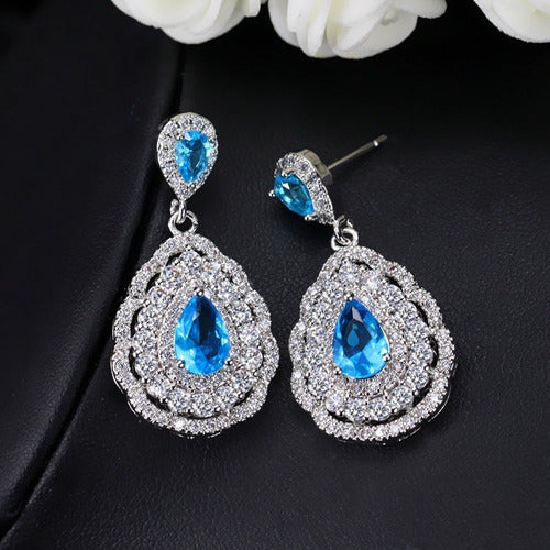 Brinco Noiva Pedra Zirconia Prata Gota Debutante Azul Claro