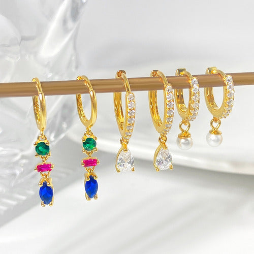 Brinco Argola Com Pedra De Zircônia Péorla Pendurada F Ouro