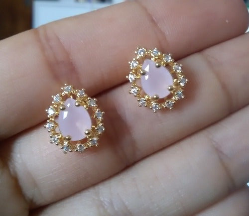 Conjunto Colar E Brinco Gota Pedra Rosê Zirconia F Ouro 18k