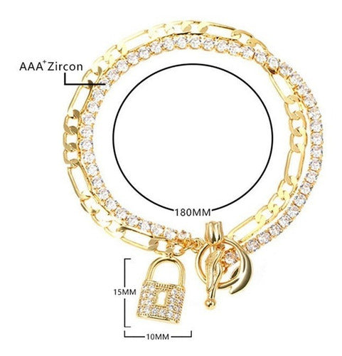 Pulseira Bracelete Dourada Cadeado Pedra Zircônia Riviera