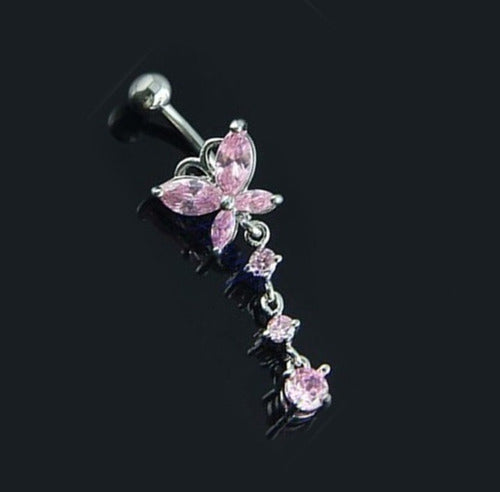 Piercing De Umbigo Prata Pendurado Pedra Borboleta