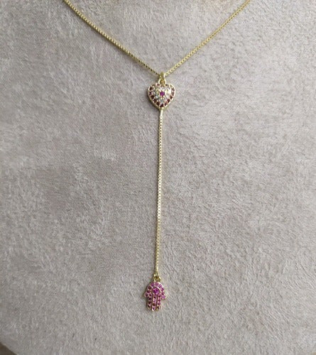 Colar Gravatinha Zirconia Prata Mão De Fátima Rubi Vermelho