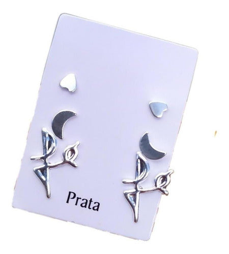 Trio Brinco Prata Coração Lua Fé