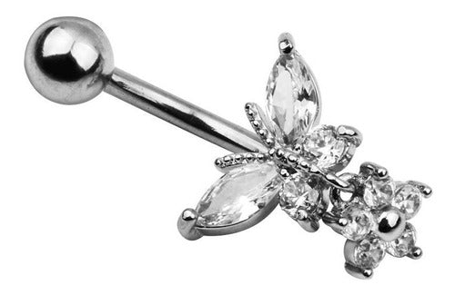 Piercing De Umbigo Prata Pendurado Pedra Borboleta Flor