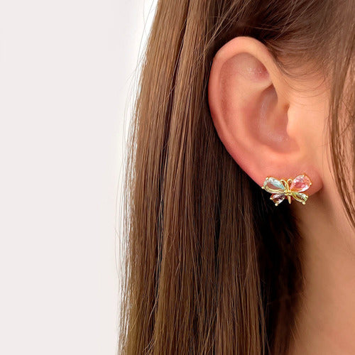 Colar Brinco Borboleta Pedra Zirconia Colorido Banhado Ouro