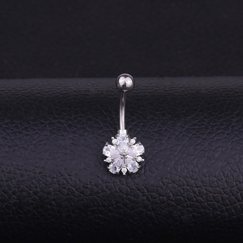Piercing De Umbigo Prata Flor Zirconia Pequeno Aço 316