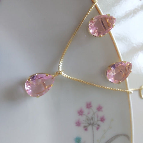 Conjunto Colar E Brinco Gota Rosa Pedra Zirconia Folheado