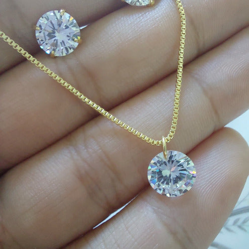 Conjunto Colar E Brinco Pedra Zirconia Ponto De Luz Banhado