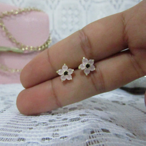 Brinco Flor Zirconia Pequeno Dourado Prata Rosa Verde F Ouro