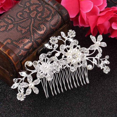 Arranjo Enfeite Cabelo Noiva Prata Strass Perola