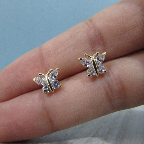 Brinco Zirconia Dourado Dama Daminha Folheado Ouro Borboleta
