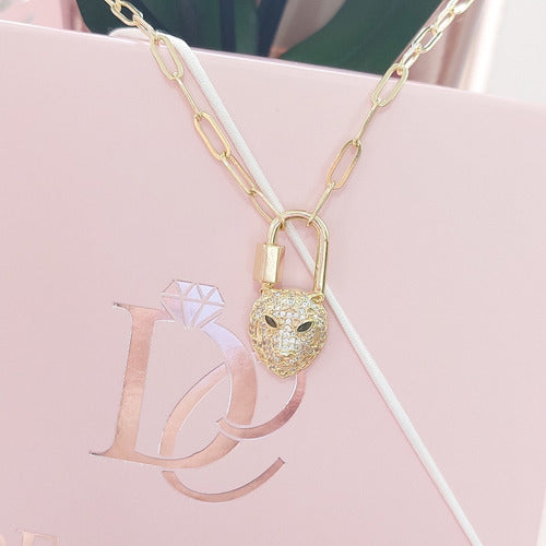 Colar Corrente Leopardo Mosquetão Pedra Zirconia Semi Joia