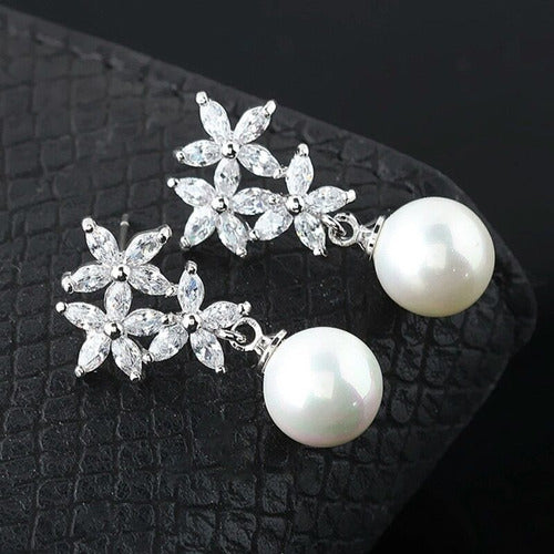 Brinco Noiva Zirconia E Pérola Prata Delicado Luxo