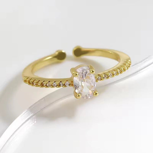 Anel Pedra Zirconia Festa Dourado Ajustável Folheado Oval