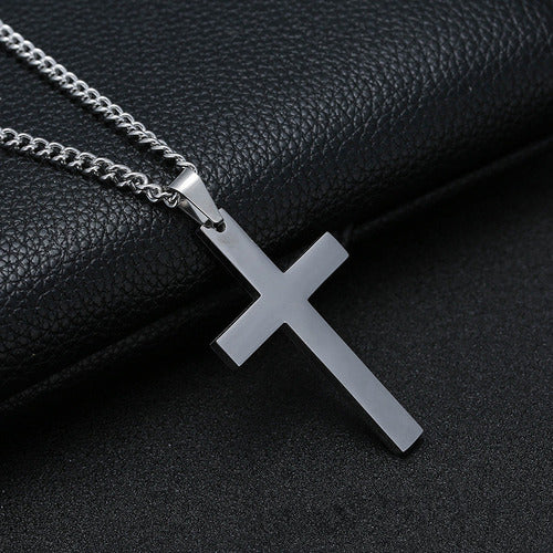 Corrente Masculina Aço Inox Pingente Cruz Preta Prata 60 Cm