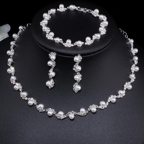 Conjunto Colar Brinco Pulseira Strass Pérola Noiva Festa