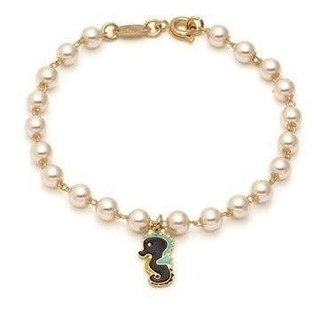 Pulseira Infantil Cavalo Marinho Pérola Folheada Semi Joia