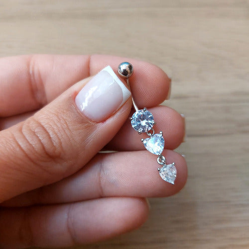 Piercing De Umbigo Prata Pedra Zirconia Coração Pendurado