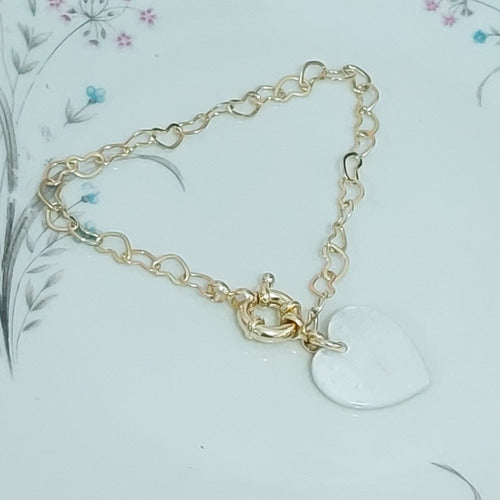 Pulseira Elo De Coração Madreperola Fecho Bioa Semi Joia