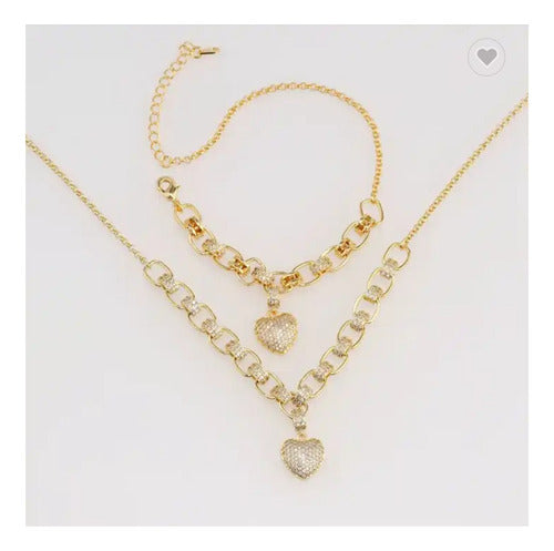 Pulseira Bracelete F. Ouro 18k Com Zircônia Pingente Coração