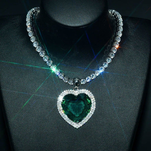 Colar Pedra Zirconia Coração Grande Titanic Verde Azul Luxo