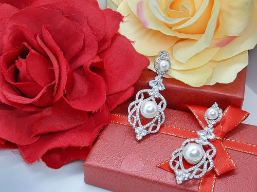Brinco Noiva Zirconia Perola Pendurado Prata Festa Delicado