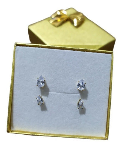 Dupla Brinco Pedra Zirconia Gota Dourado Folheado Pt De Luz