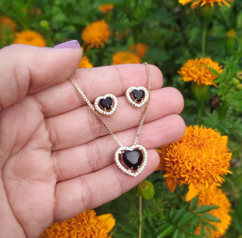 Conjunto Colar E Brinco Coração Pedra Zirconia Preto Verde