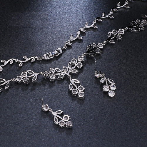 Colar E Brinco Noiva Zircônia Prata Festa Debutante Folhas