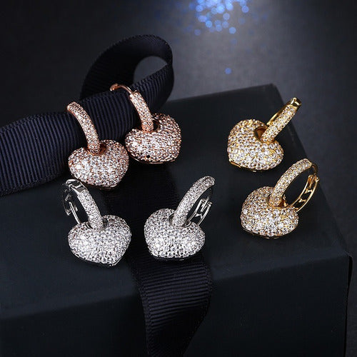 Brinco Argola Pedra Zirconia Coração Dourado F. Ouro 18k