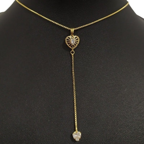 Colar Gravatinha Coração Zirconia F. Ouro 18k Dourado