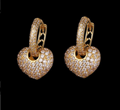 Brinco Argola Pedra Zirconia Coração Dourado F. Ouro 18k