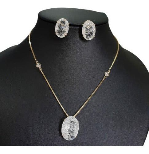 Conjunto Colar E Brinco Zirconia Fusion Tiffan Oval Verde