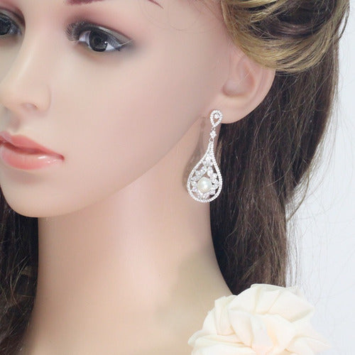 Brinco Noiva Zirconia E Perola Prata Festa Debutante Gota