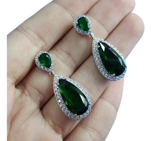 Brinco Pedra Zirconia Prata Festa Gota Verde Debutante