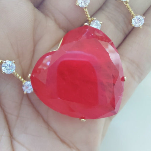 Conjunto Colar Brinco Pulseira Pedra Coração Vermelho