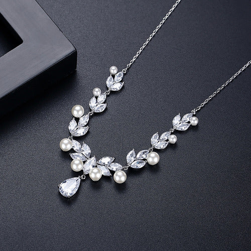 Conjunto Colar Chocker Riviera Brinco Zircônia Pérola Noiva