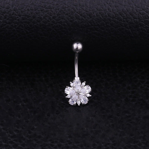 Piercing De Umbigo Prata Flor Zirconia Pequeno Aço 316