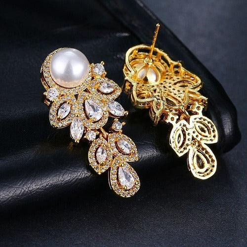 Brinco Noiva Zirconia Perola Pendurado Dourado Festa Joia