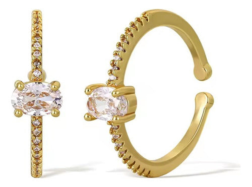 Anel Pedra Zirconia Festa Dourado Ajustável Folheado Oval